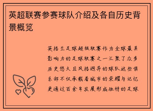 英超联赛参赛球队介绍及各自历史背景概览